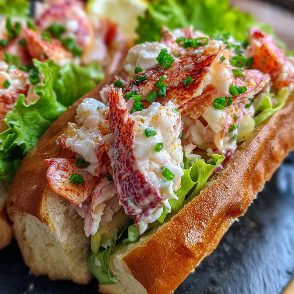 Plated Ultimate Lobster Roll with potato chips and a lemon wedge on a checkered summer napkin.