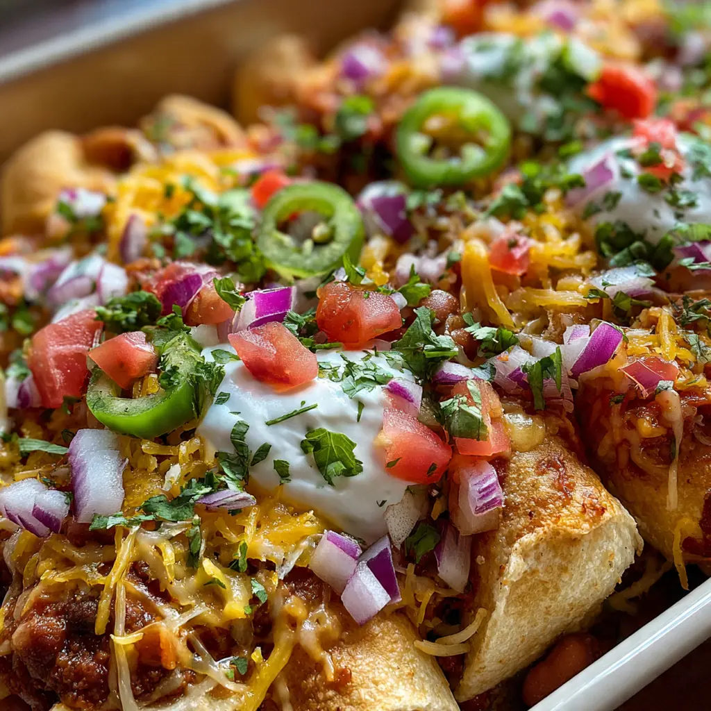 Close-up of a serving of the casserole showing layers of chili, hot dogs, and gooey cheese