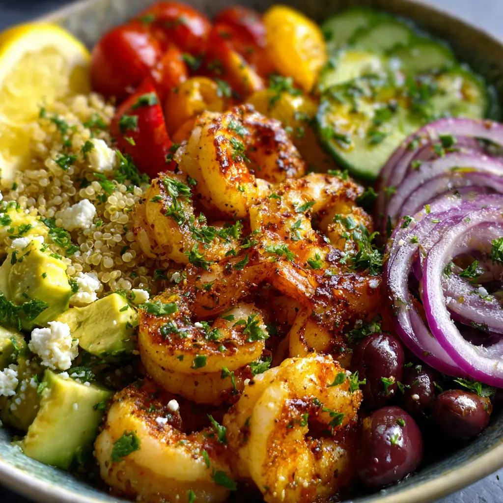 Close-up of seasoned shrimp sizzling in a skillet with minced garlic and oregano