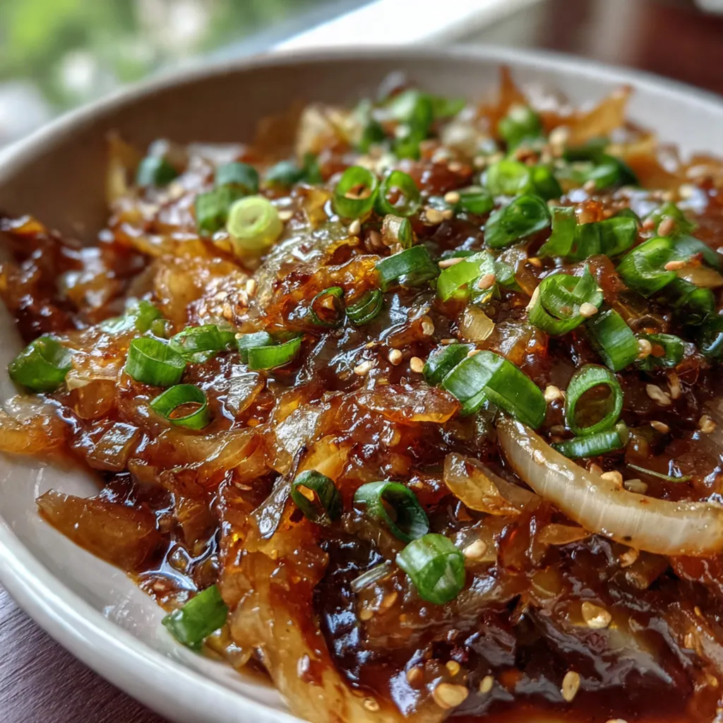 Close-up of caramelized onions simmering in a saucepan with garlic and ginger