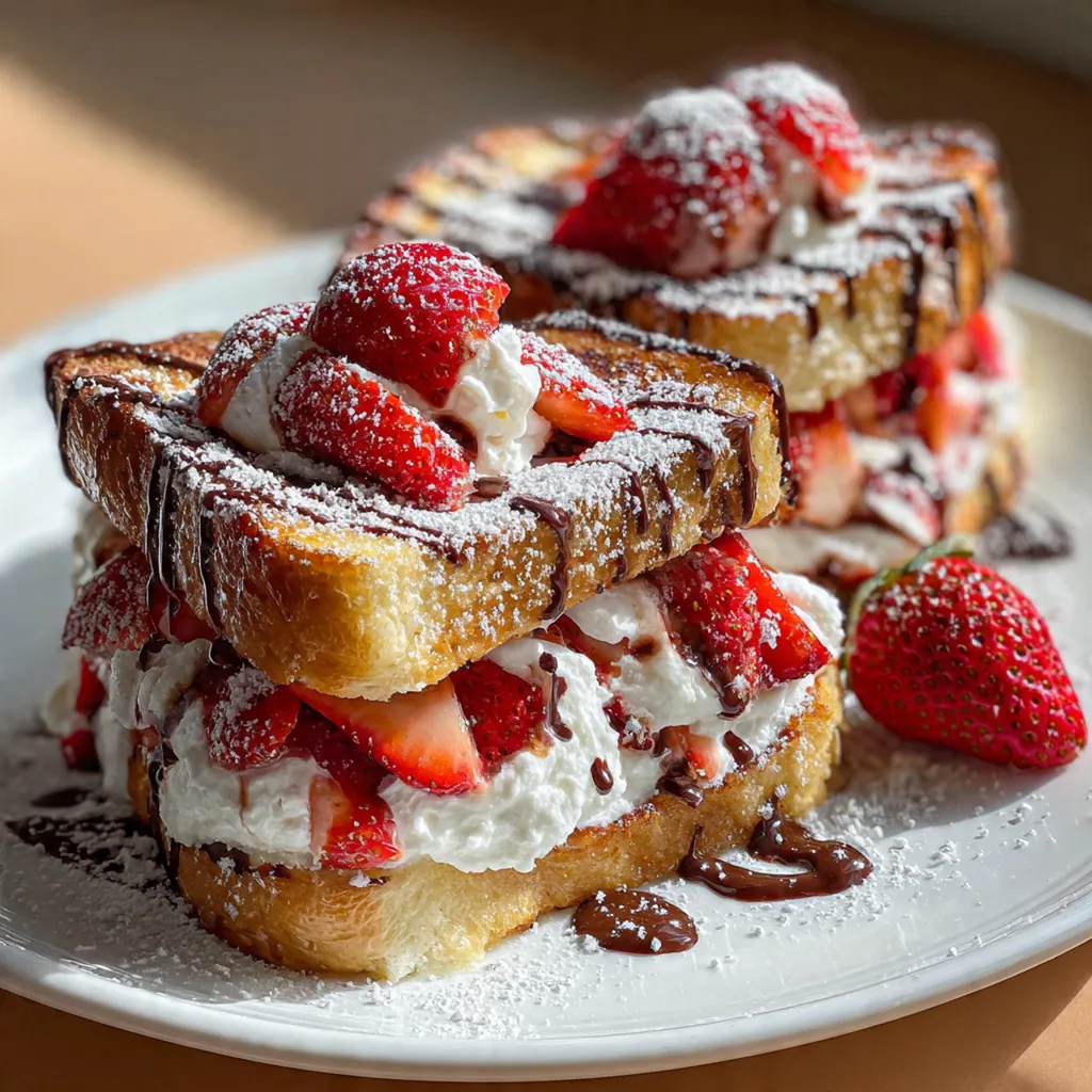 Close-up of a crispy fried sandwich with creamy cheesecake and strawberry filling peeking out