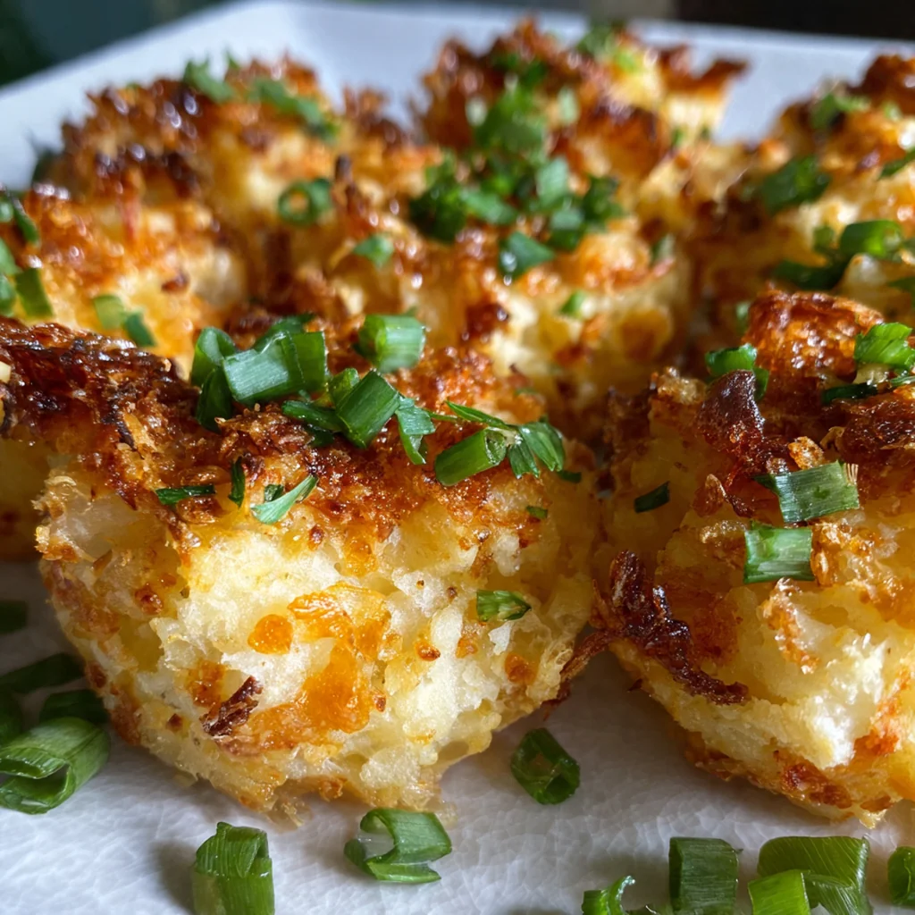 A casual dinner plate with two potato puffs, a dollop of sour cream, and a sprinkle of fresh chives