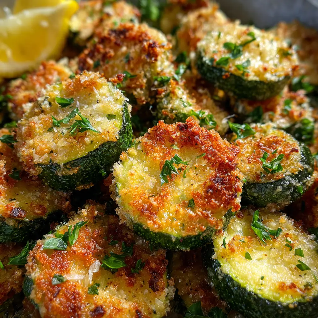 Close-up of a crispy zucchini slice with melted Parmesan and flecks of herbs on a white plate