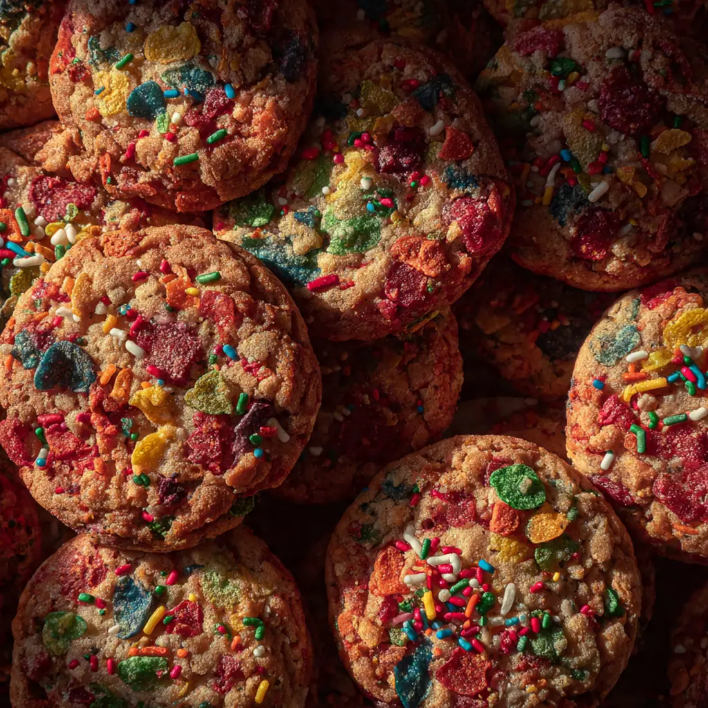 Freshly baked cookies topped with extra cereal and rainbow sprinkles