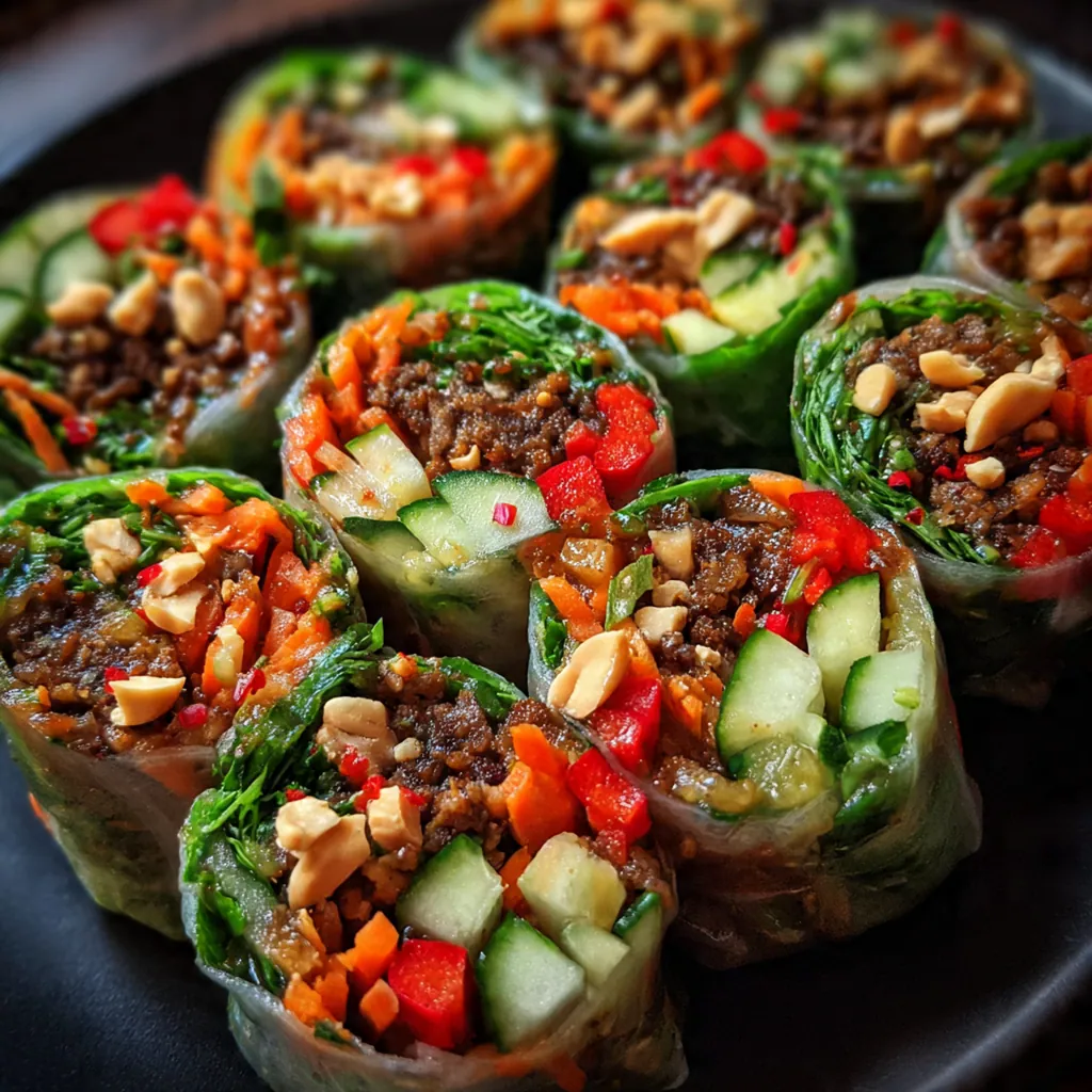 Close-up of a rice paper roll showing the savory soy curl filling and green lettuce inside