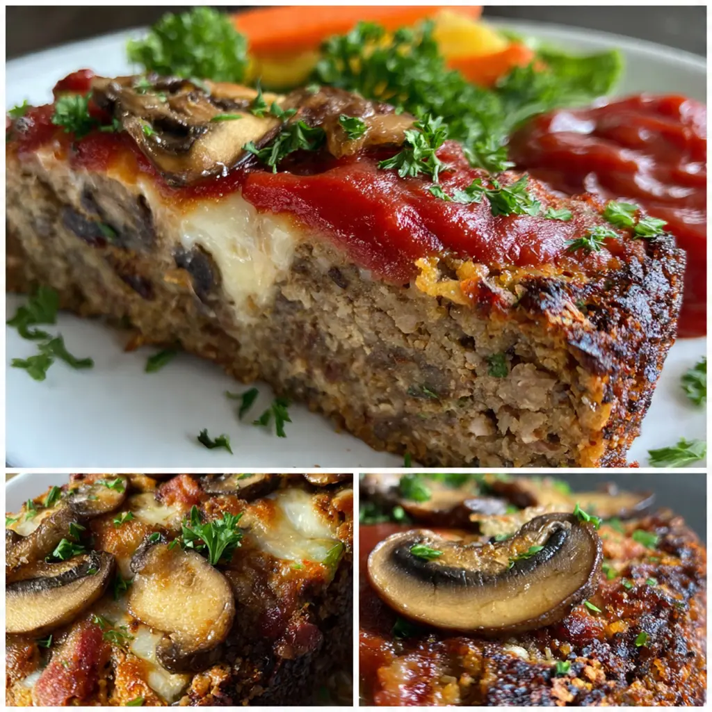 A dinner plate with a thick slice of meatloaf, mashed potatoes, and green beans
