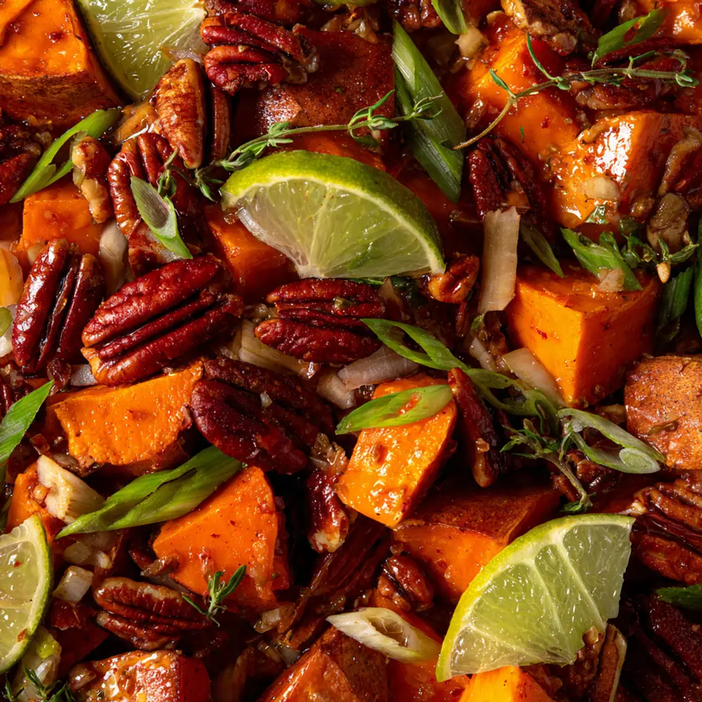 Coconut milk glazed sweet potato chunks with aromatic ginger and allspice spices