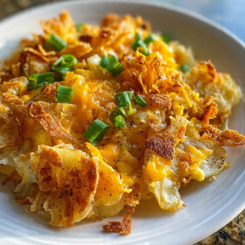 A serving of French onion funeral potatoes on a white plate next to a fresh green salad and roasted chicken