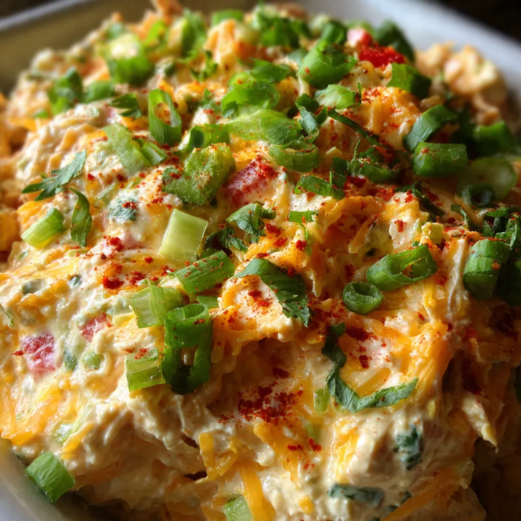 Close-up of a spoon dipping into the zesty cheese dip with chunks of jalapeño and cilantro