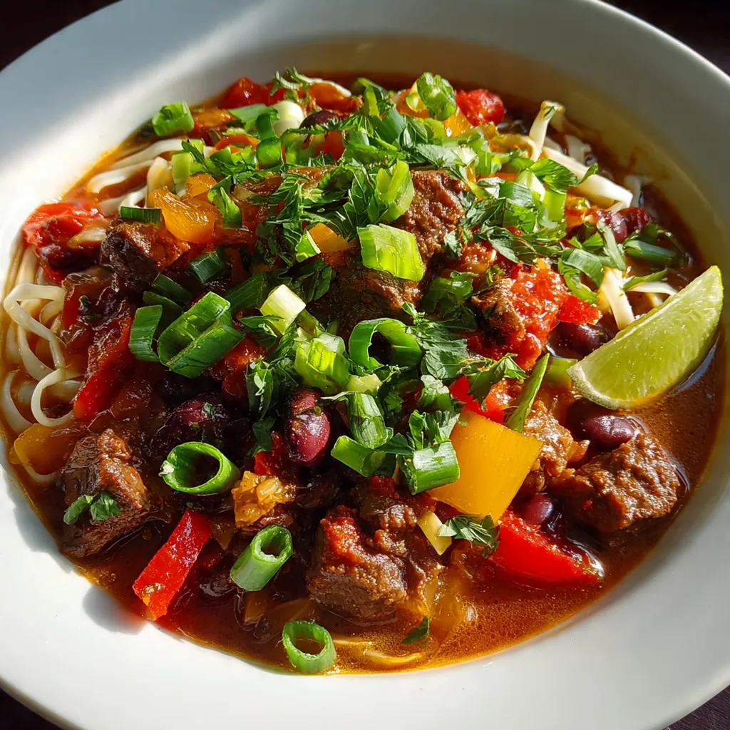 Overhead shot of a finished bowl garnished with green onions, cilantro, and sesame seeds