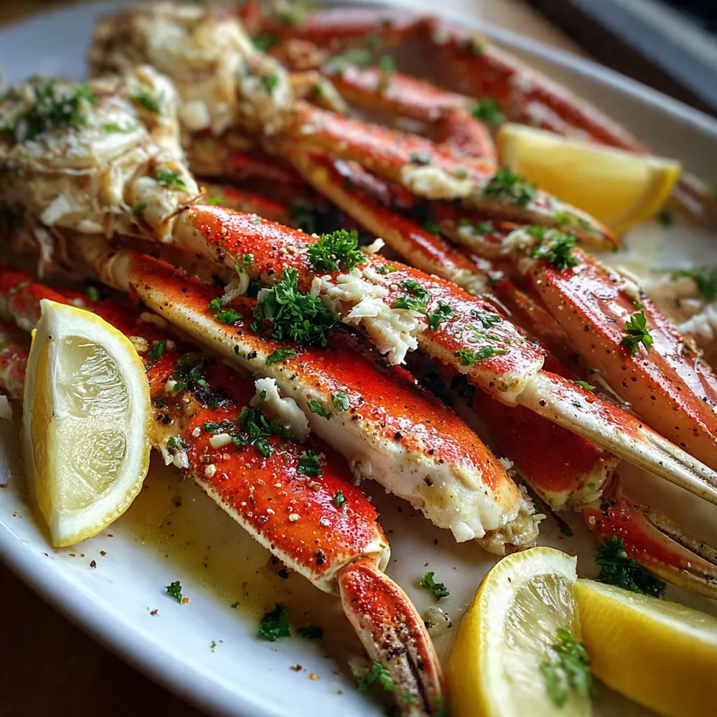 Close-up of a cracked crab leg dripping with rich garlic butter and a lemon wedge