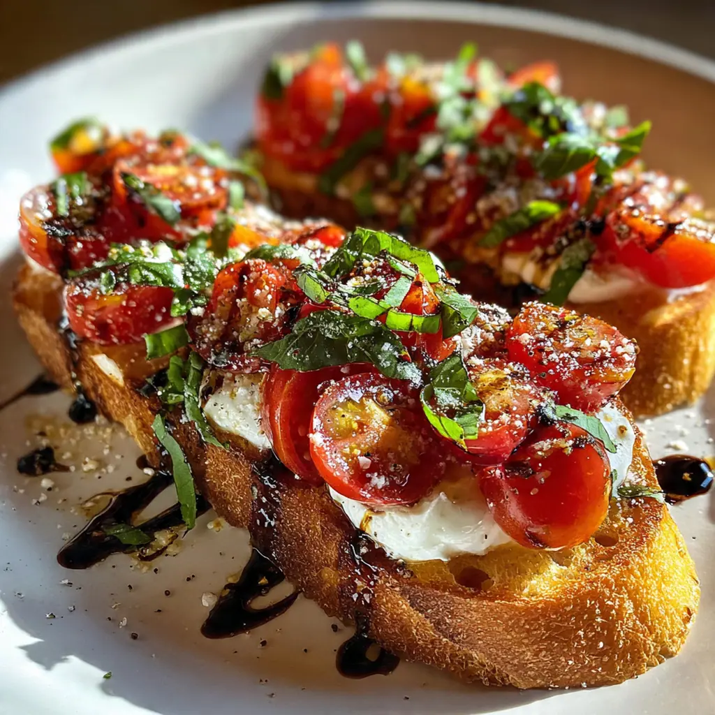 Fresh ingredients for bruschetta including a bowl of diced tomatoes, burrata ball, basil, and a sliced baguette