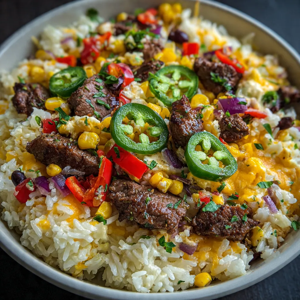 A serving bowl of Steak Queso Rice garnished with fresh cilantro, crumbled queso fresco, and lime wedges on the side.