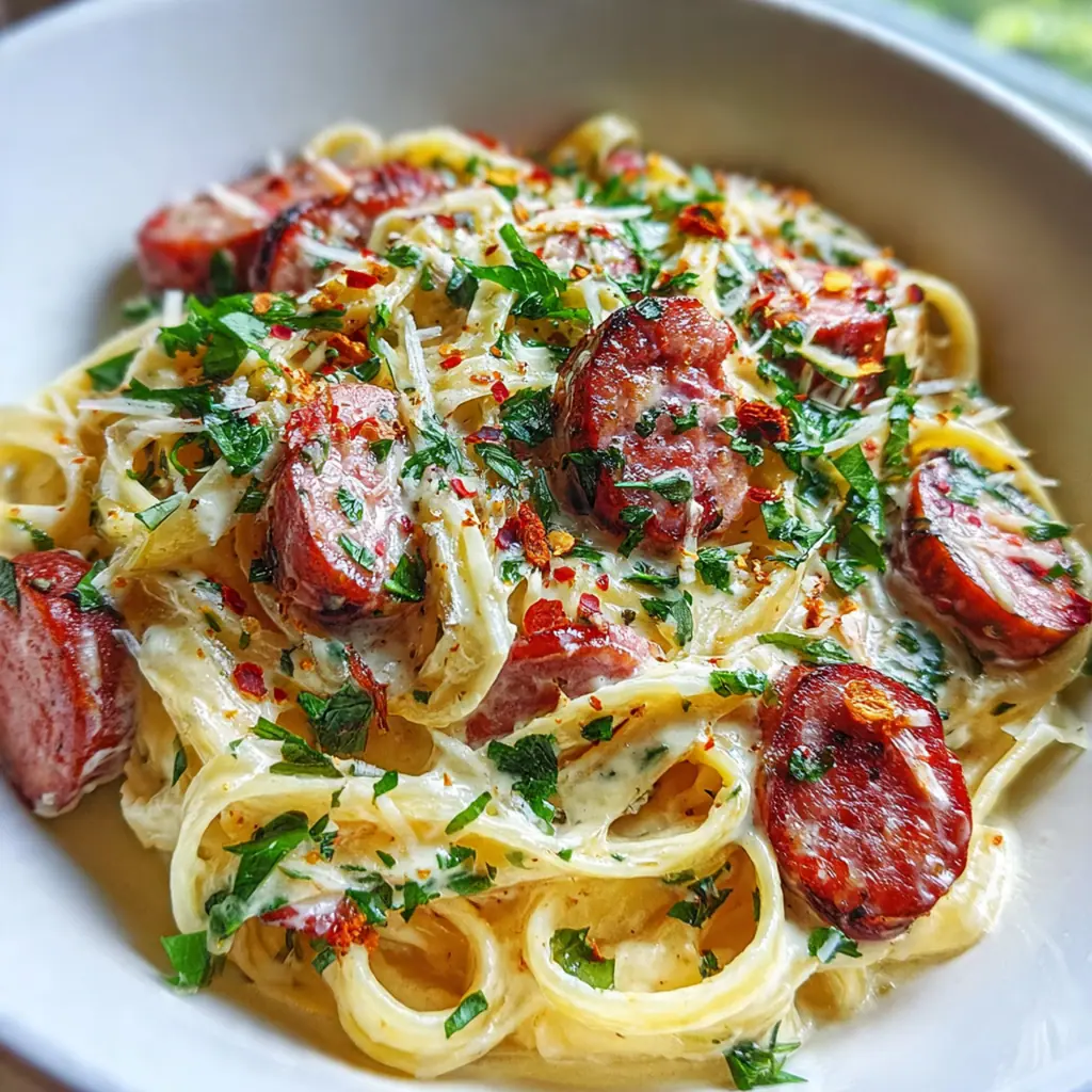 A plated serving of smoked sausage Alfredo pasta next to garlic bread and salad