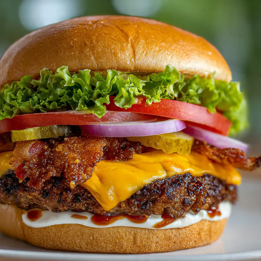 Close-up of a juicy burger patty with a perfect crust and glossy melted American cheese