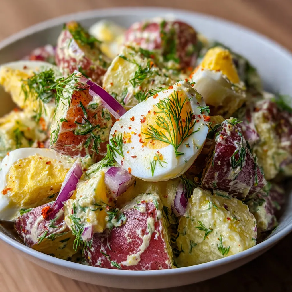 Overhead shot of a picnic spread with potato salad next to grilled burgers and corn on the cob