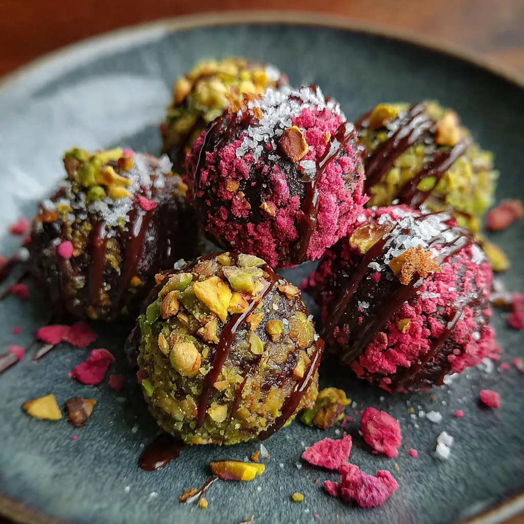 Close-up of elegant pralines showing layers of dark chocolate and date pistachio filling