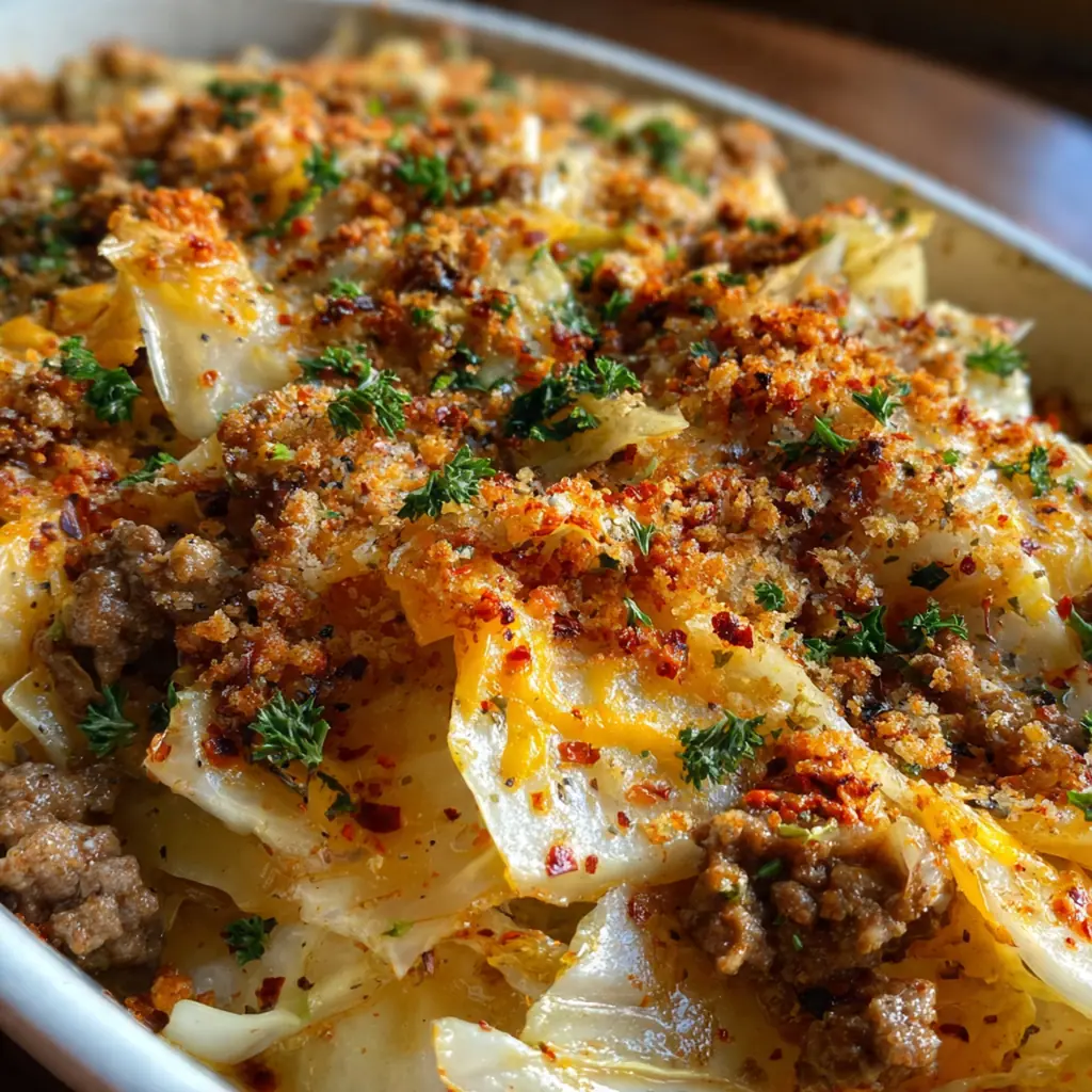 A full dinner plate with a slice of cabbage casserole, a green salad, and crusty bread on the side
