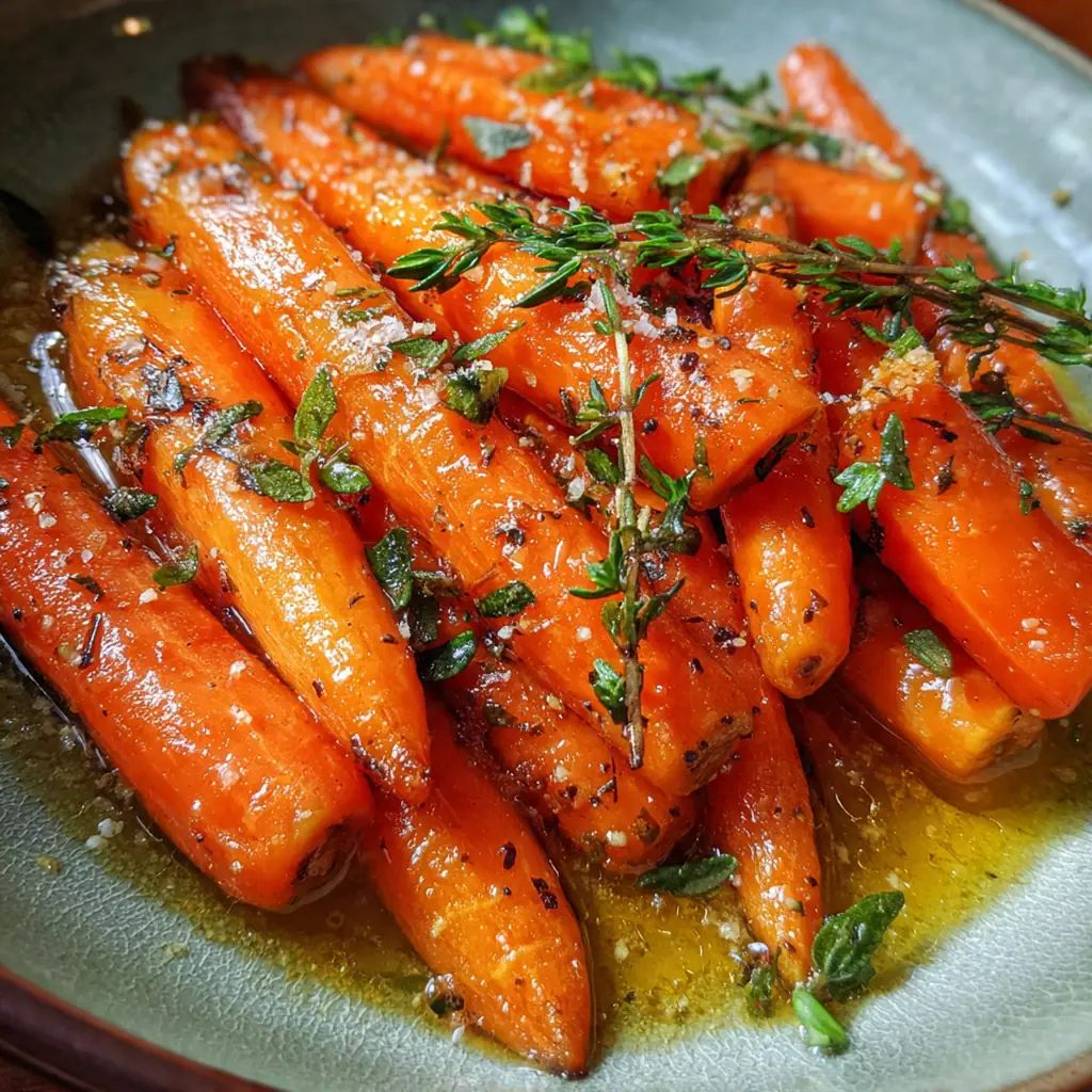A serving platter of glazed carrots alongside roasted chicken and mashed potatoes