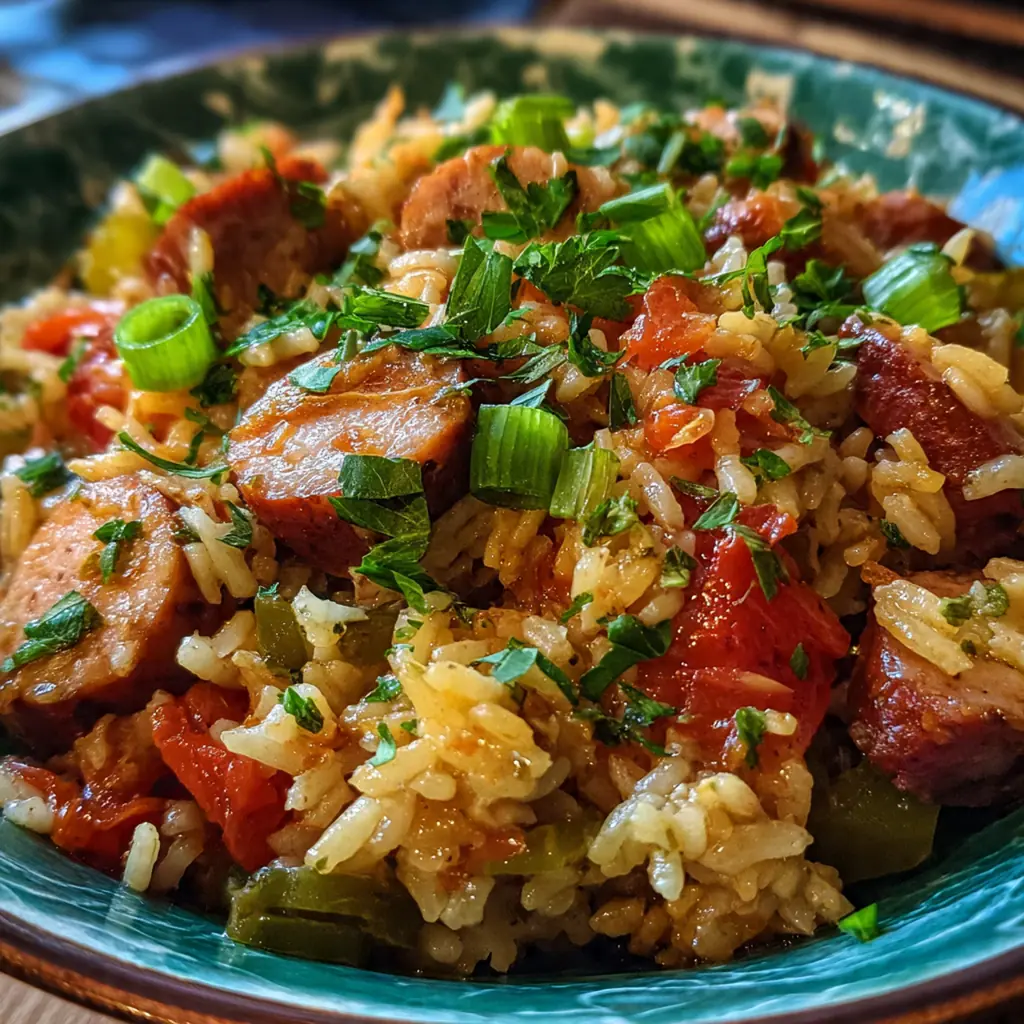 A rustic bowl of Cajun jambalaya with shrimp peeking through the saucy rice and vegetables