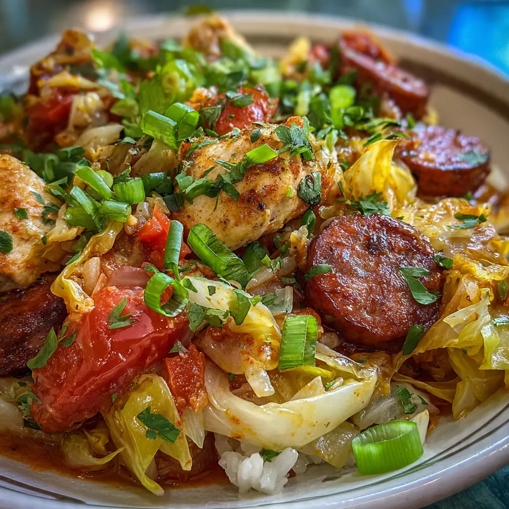 Close-up of a spoonful of jambalaya showing the plump rice, slices of andouille sausage and wilted cabbage