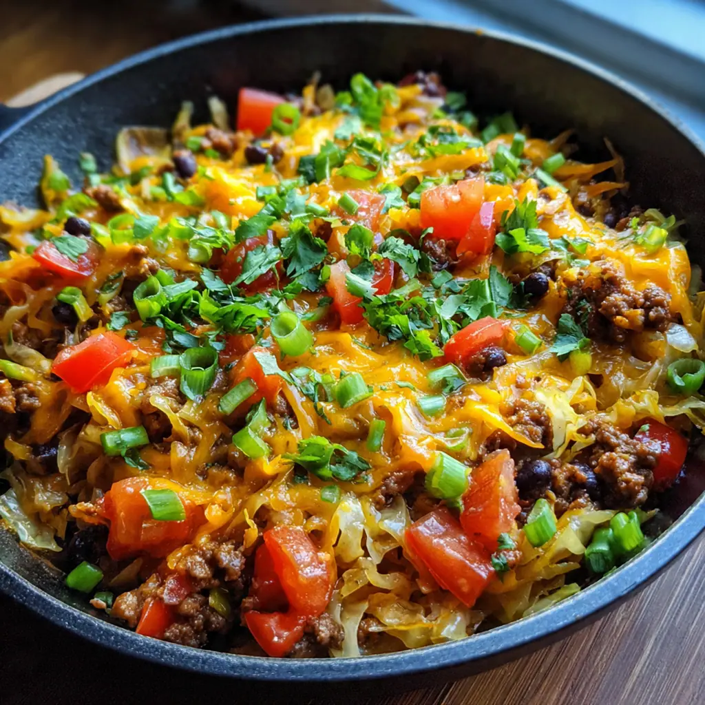 Close-up view of the Tex Mex Cabbage Skillet showing tender cabbage pieces and seasoned beans