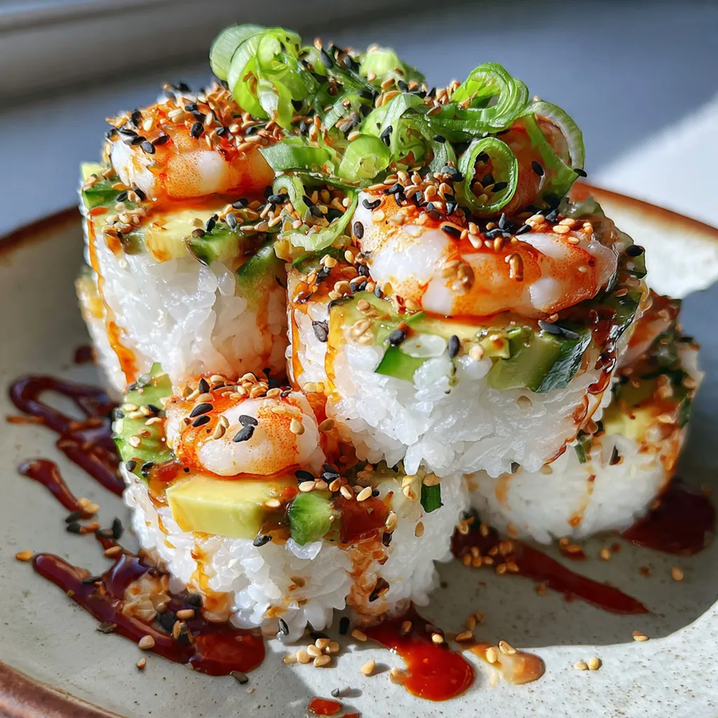 Overhead view of four colorful sushi stacks garnished with black sesame seeds and nori on a dark plate
