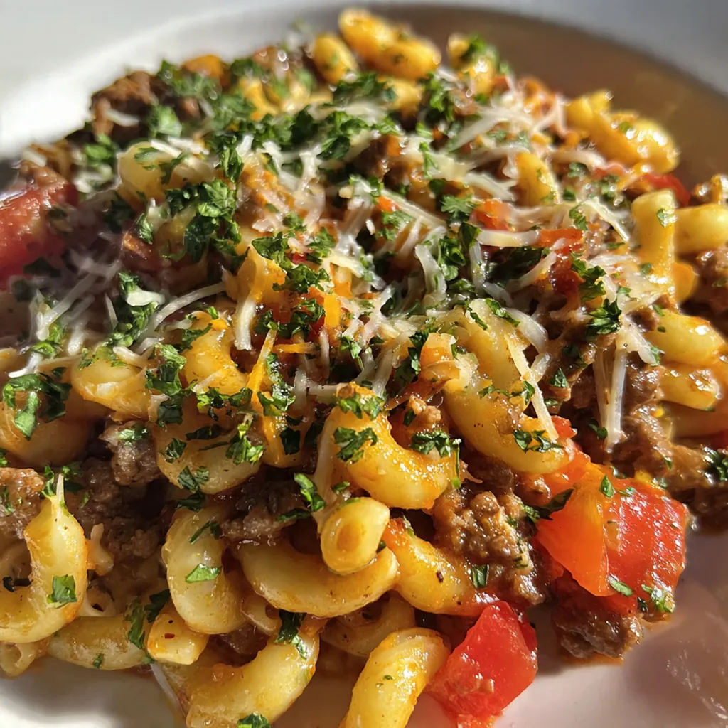 Close-up of a spoonful of savory hamburger helper, showing the rich cheese sauce coating the ground beef and pasta