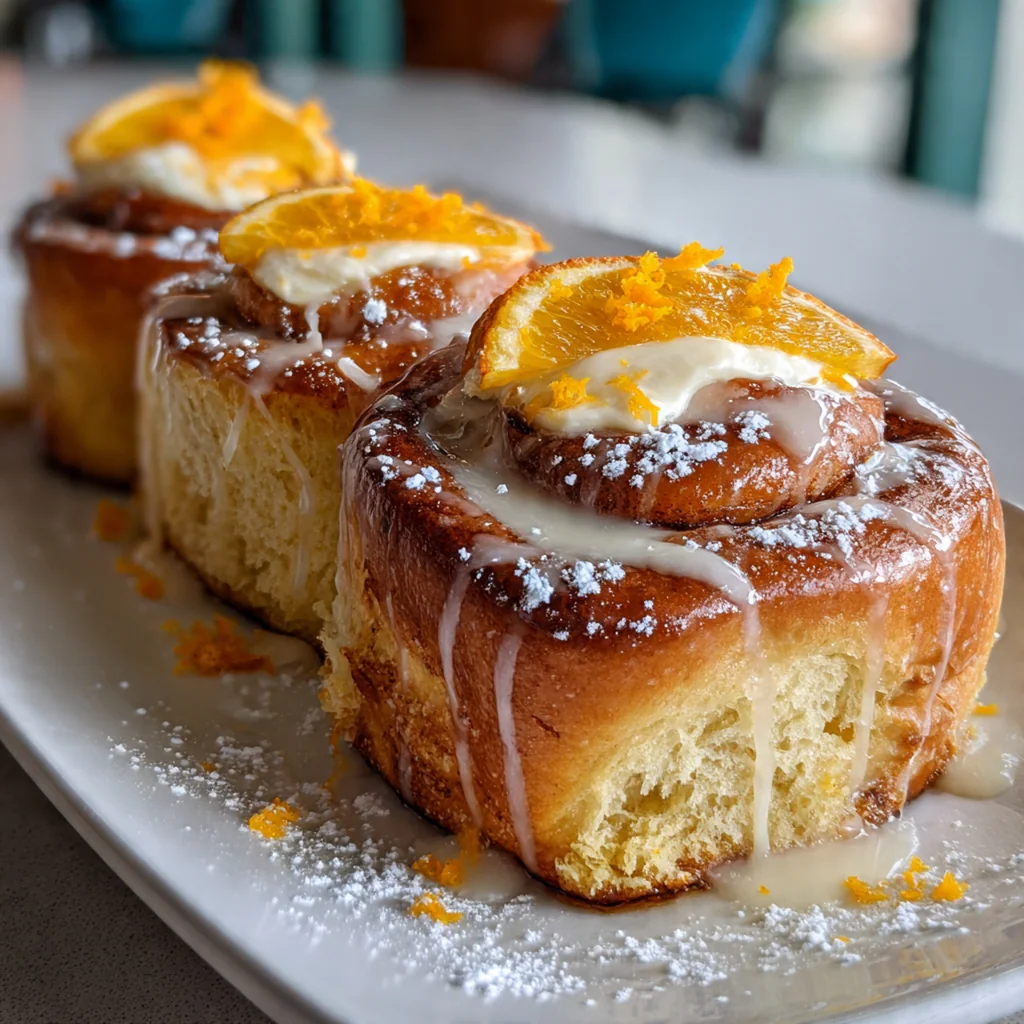 Close-up of fluffy orange cinnamon rolls showing the spiral of citrus sugar filling