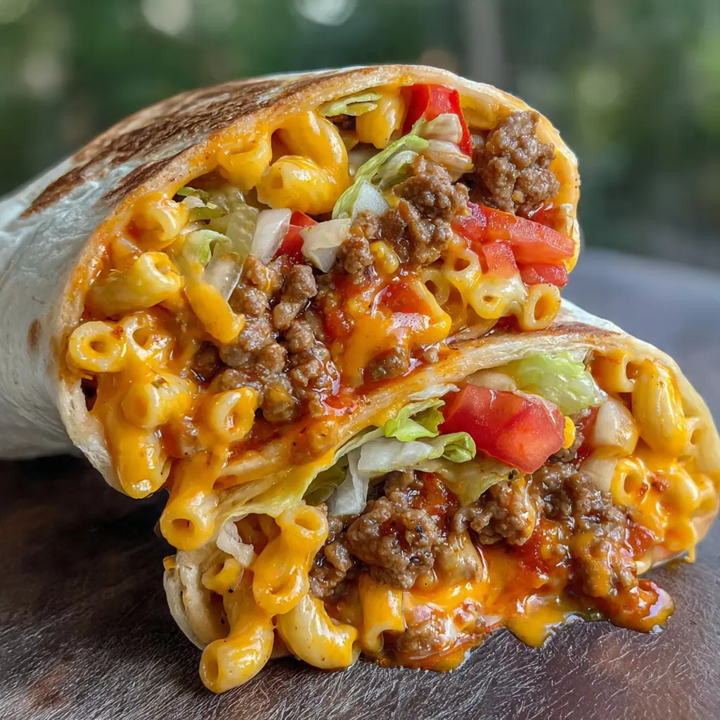 Close-up of a crispy grilled tortilla wrapped around a filling of cheesy macaroni and tangy Sloppy Joe mixture