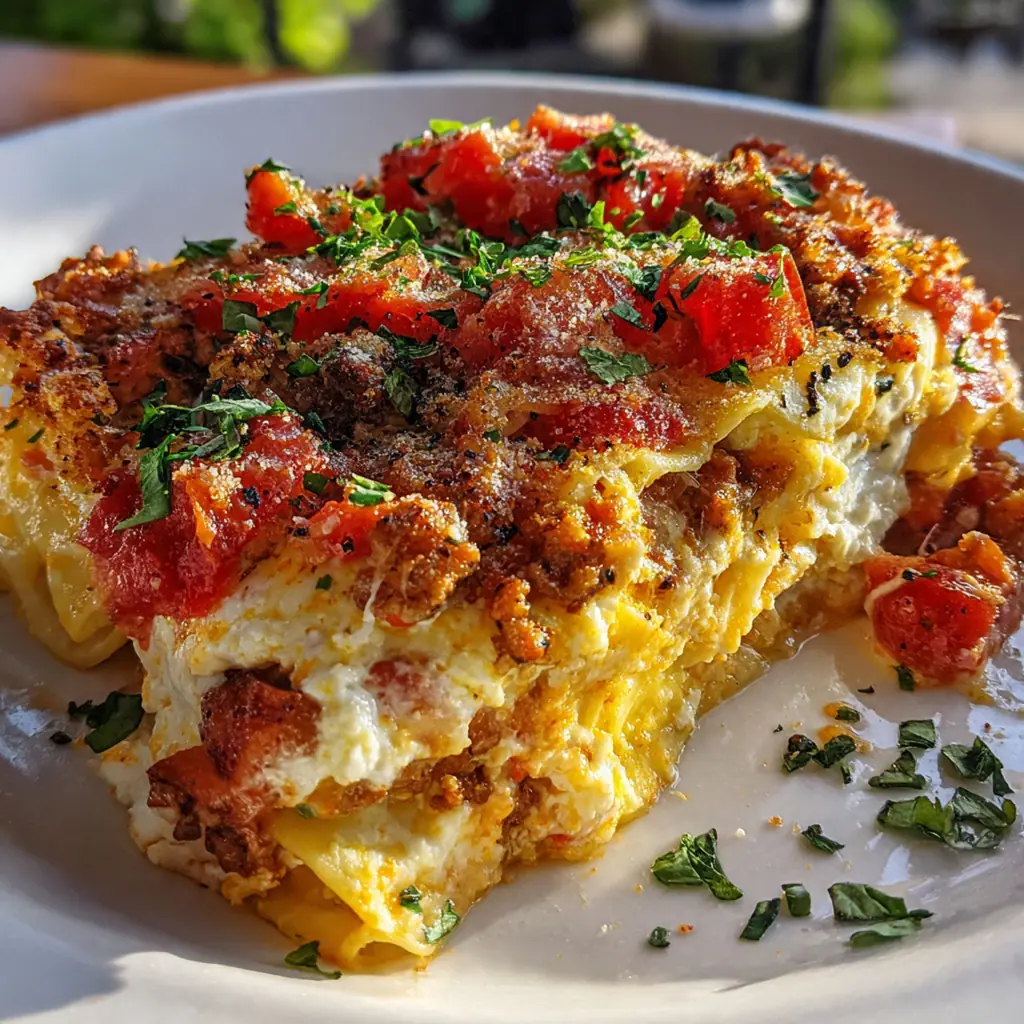 Close-up of a sliced piece showing layers of creamy sauce, noodles, and three cheeses