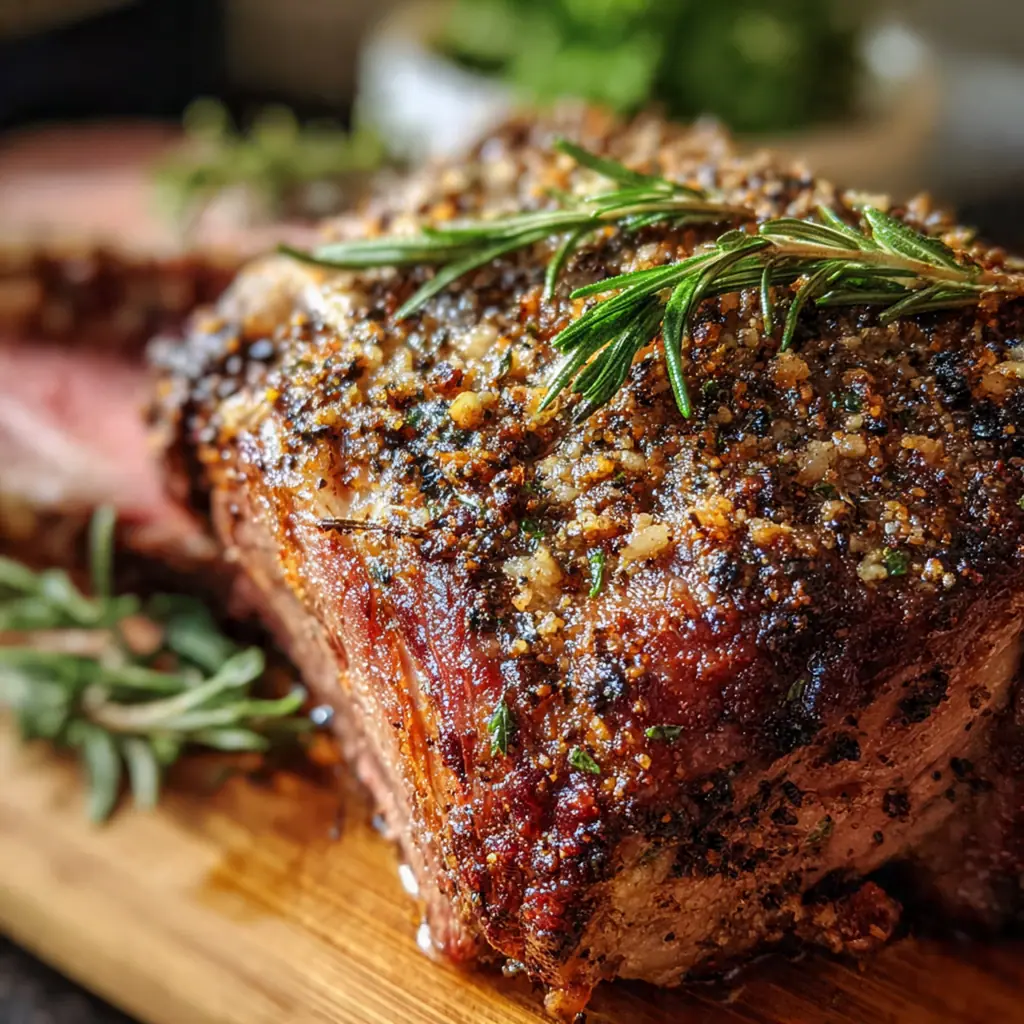 A festive dinner plate featuring sliced prime rib roast drizzled with au jus, creamy mashed potatoes, and fresh rosemary garnish