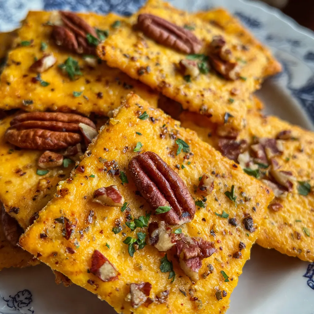 Close-up of a flaky cracker showing specks of sharp cheddar and finely chopped pecans