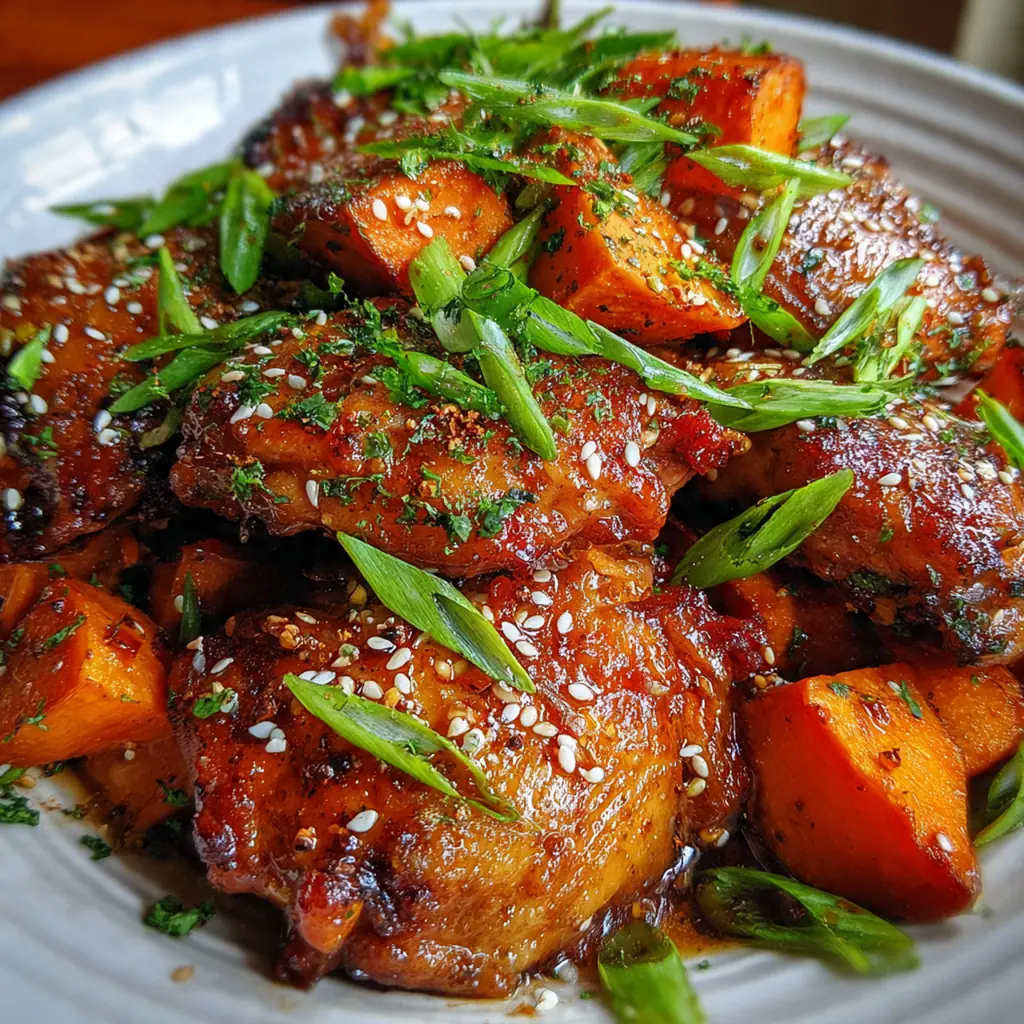 A complete dinner plate featuring honey garlic chicken, sweet potatoes, and a side of steamed broccoli over rice
