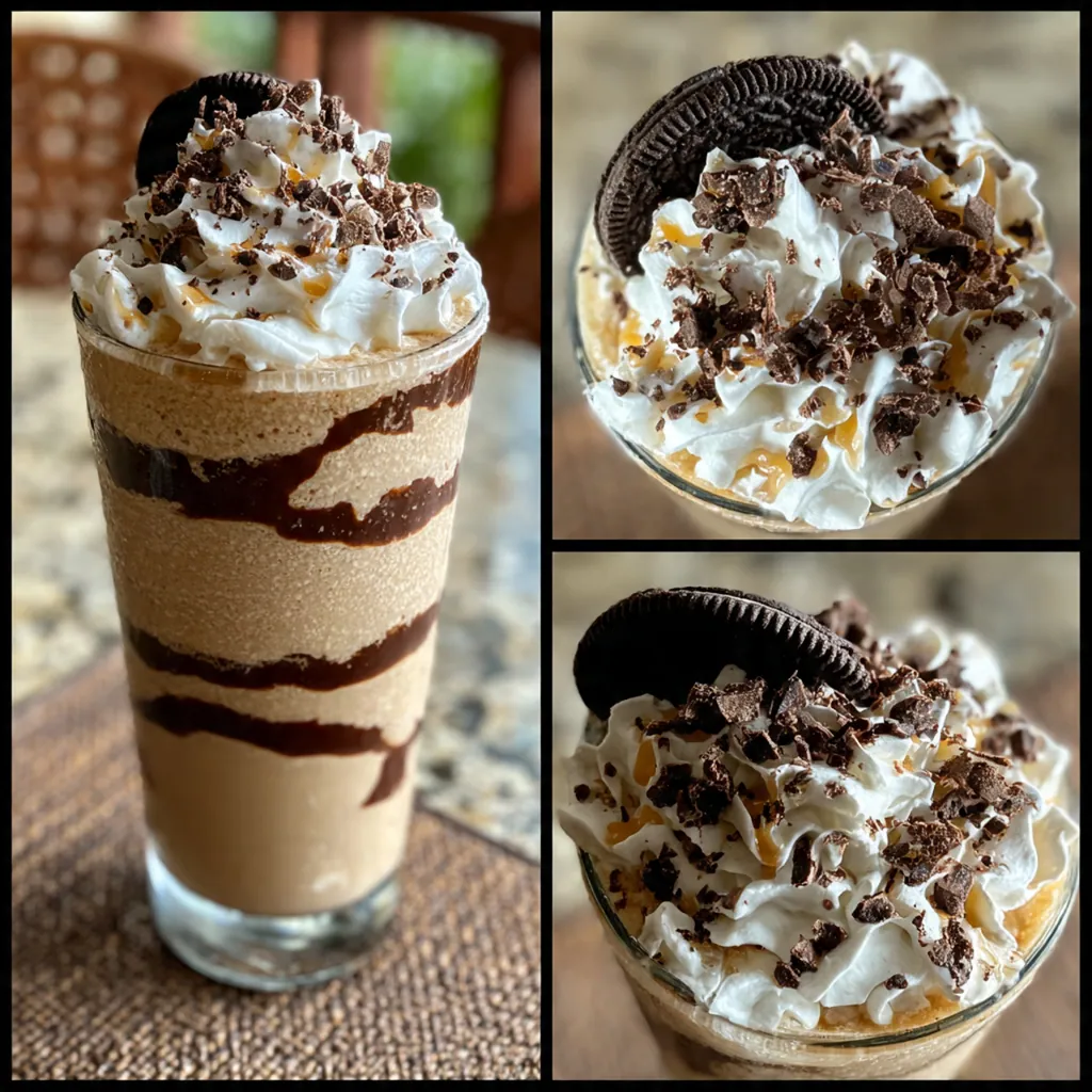 Close-up of the frothy drink with chocolate syrup drizzled down the inside of the glass