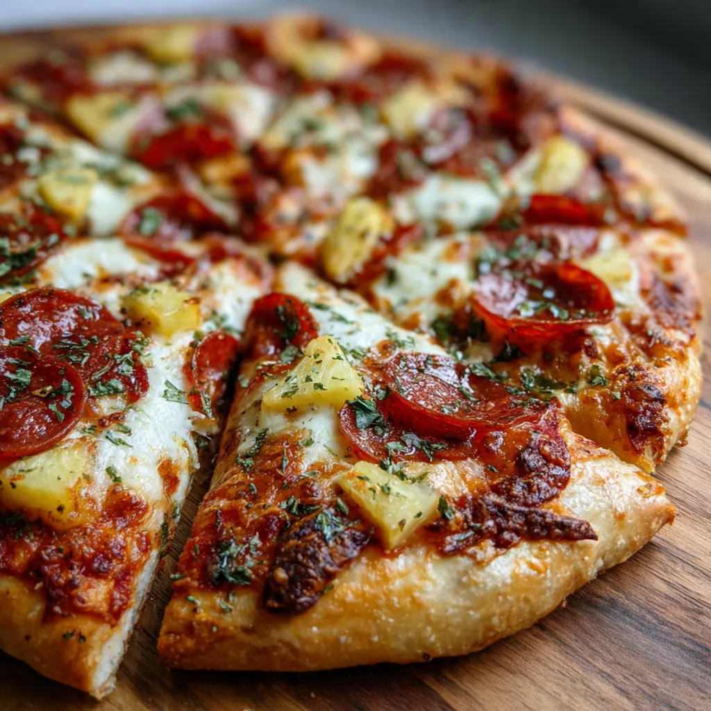 All the ingredients for homemade pizza laid out on a counter with flour and a rolling pin