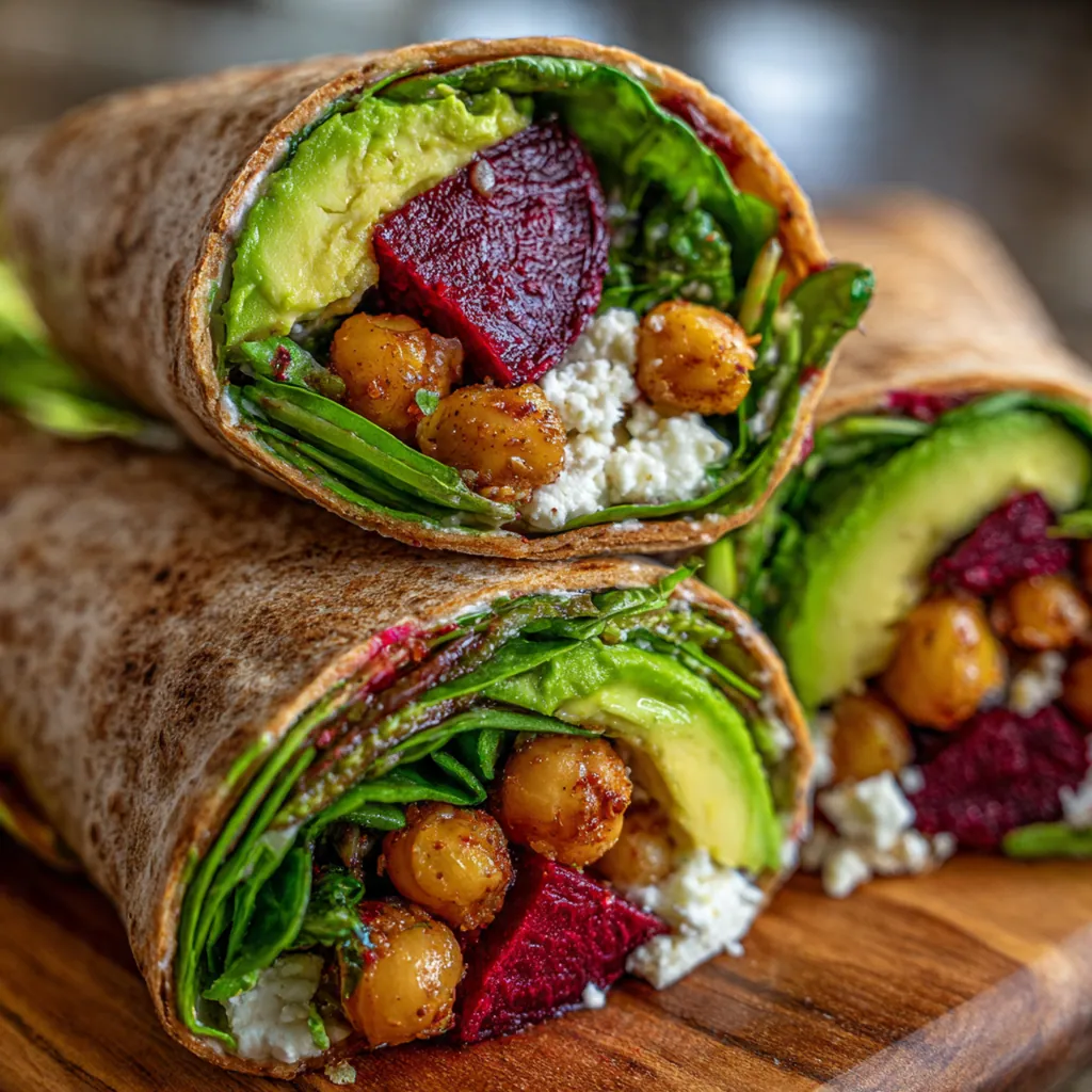Close-up of a spoon drizzling creamy herbed yogurt tahini sauce over a bowl of roasted beets and chickpeas