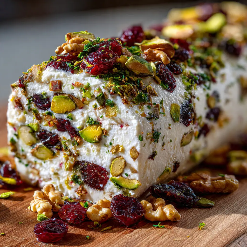 Cheese log served with crackers on a wooden board perfect for holiday entertaining
