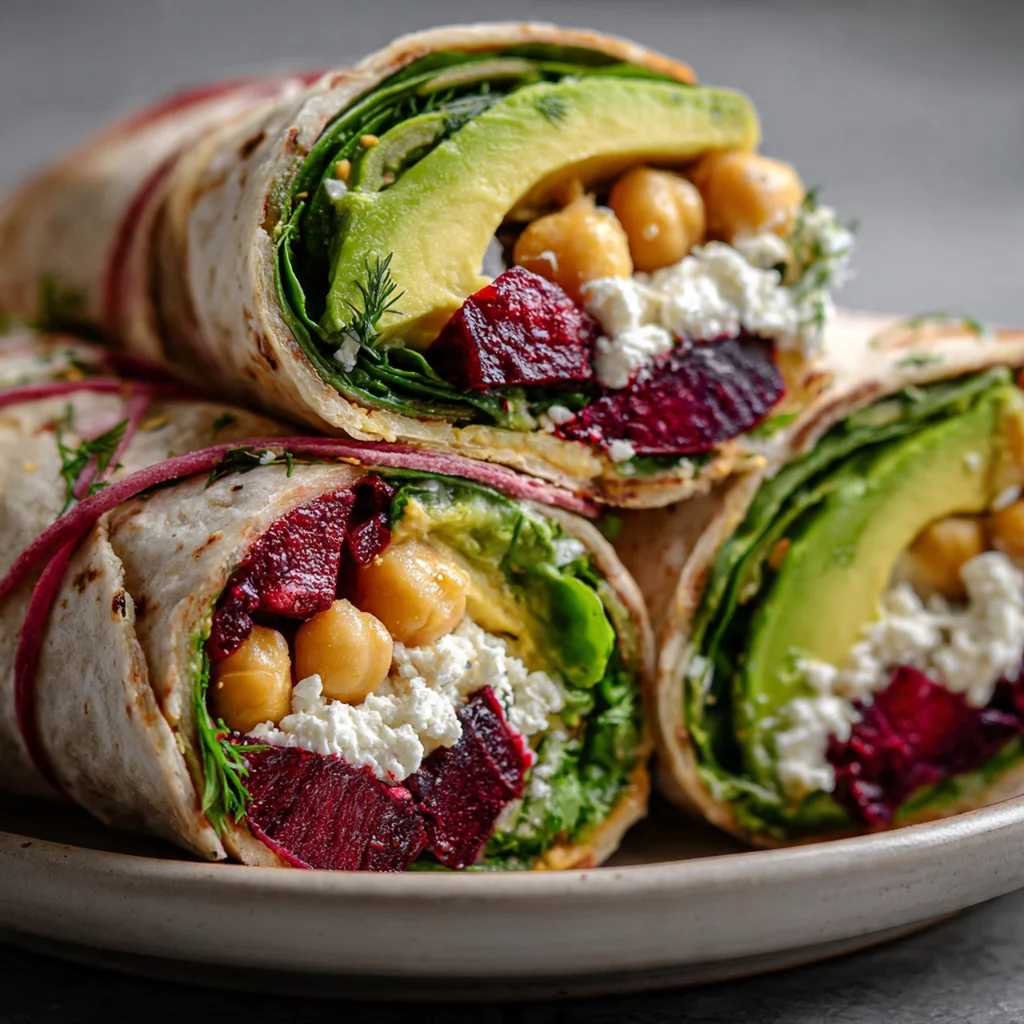 Overhead shot of an open lavash wrap filled with ruby red beets, golden chickpeas, green spinach, and white sauce