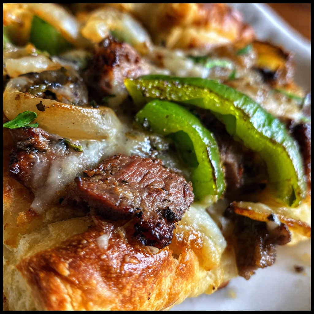 A serving platter of cheesesteak crescents with dipping sauce and pickled jalapeños on the side