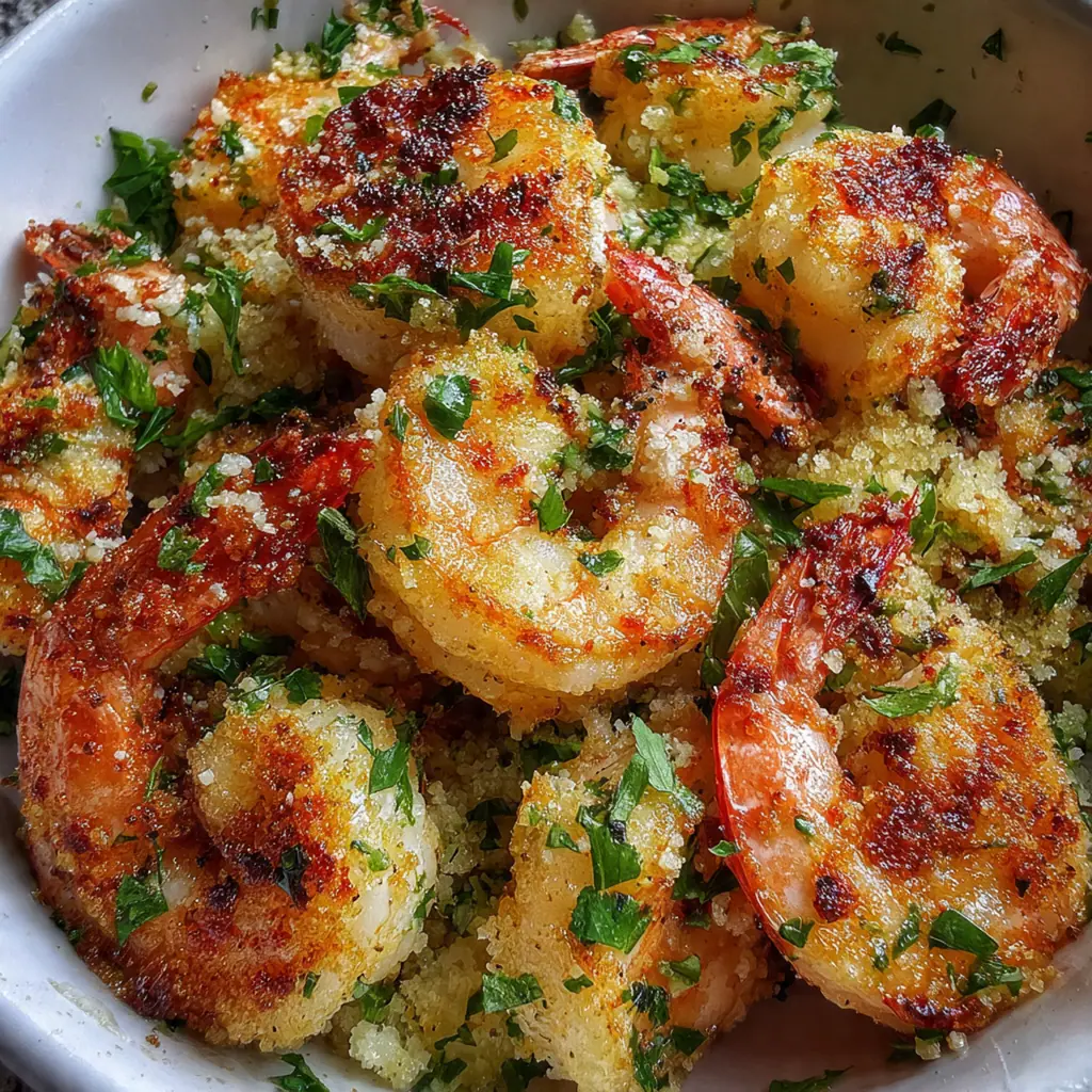 A dinner plate featuring baked garlic Parmesan shrimp served over a bed of linguine with a lemon wedge on the side