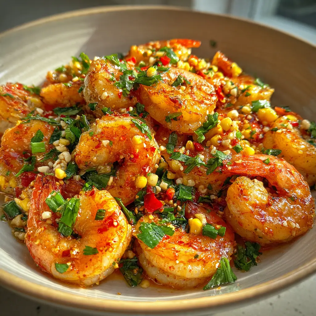 Close-up of firecracker shrimp glistening with sticky honey sriracha glaze on a bed of white rice