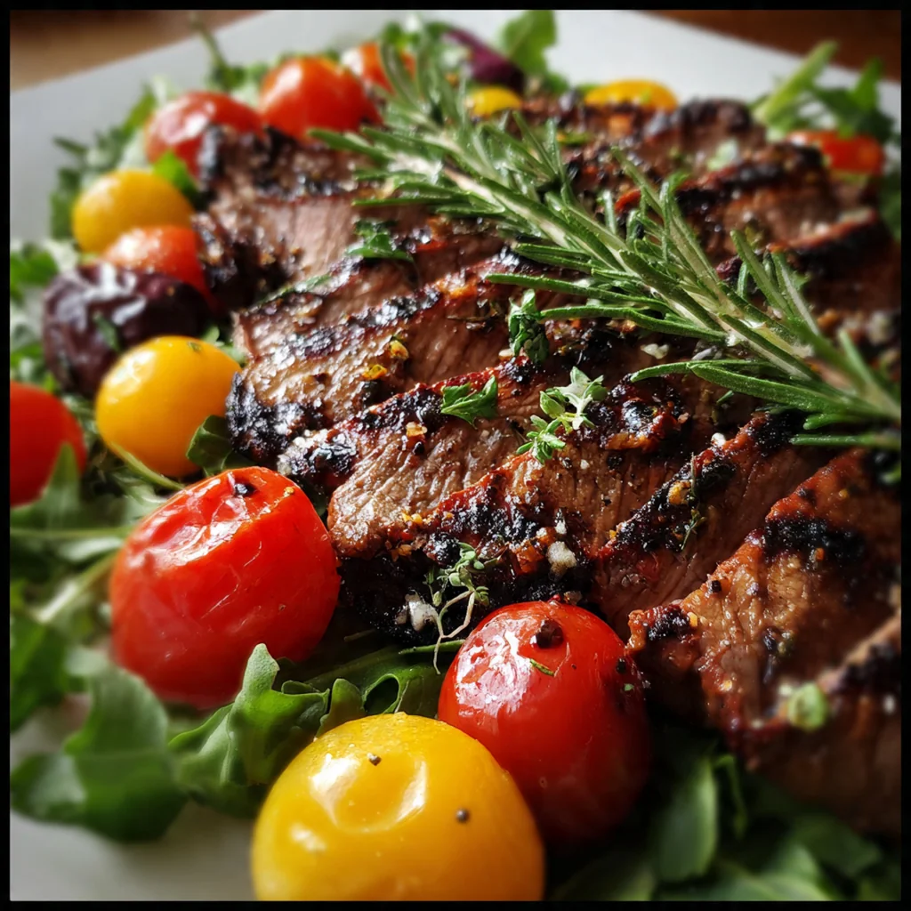 Raw flank steak marinating in tangy balsamic mixture with garlic and fresh herbs