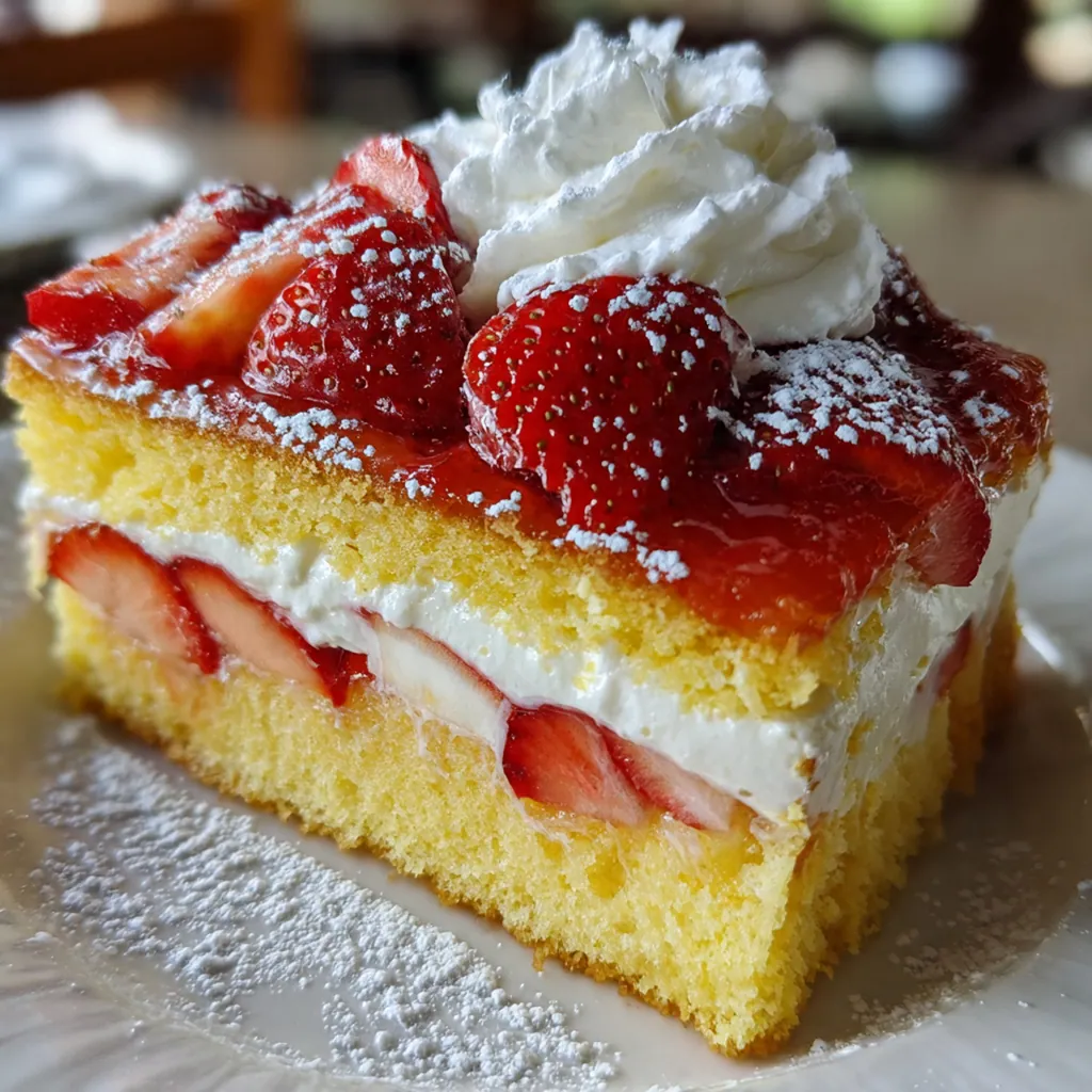Close-up of a spoon slicing through the creamy layers of strawberry dessert with honey buns and strawberries