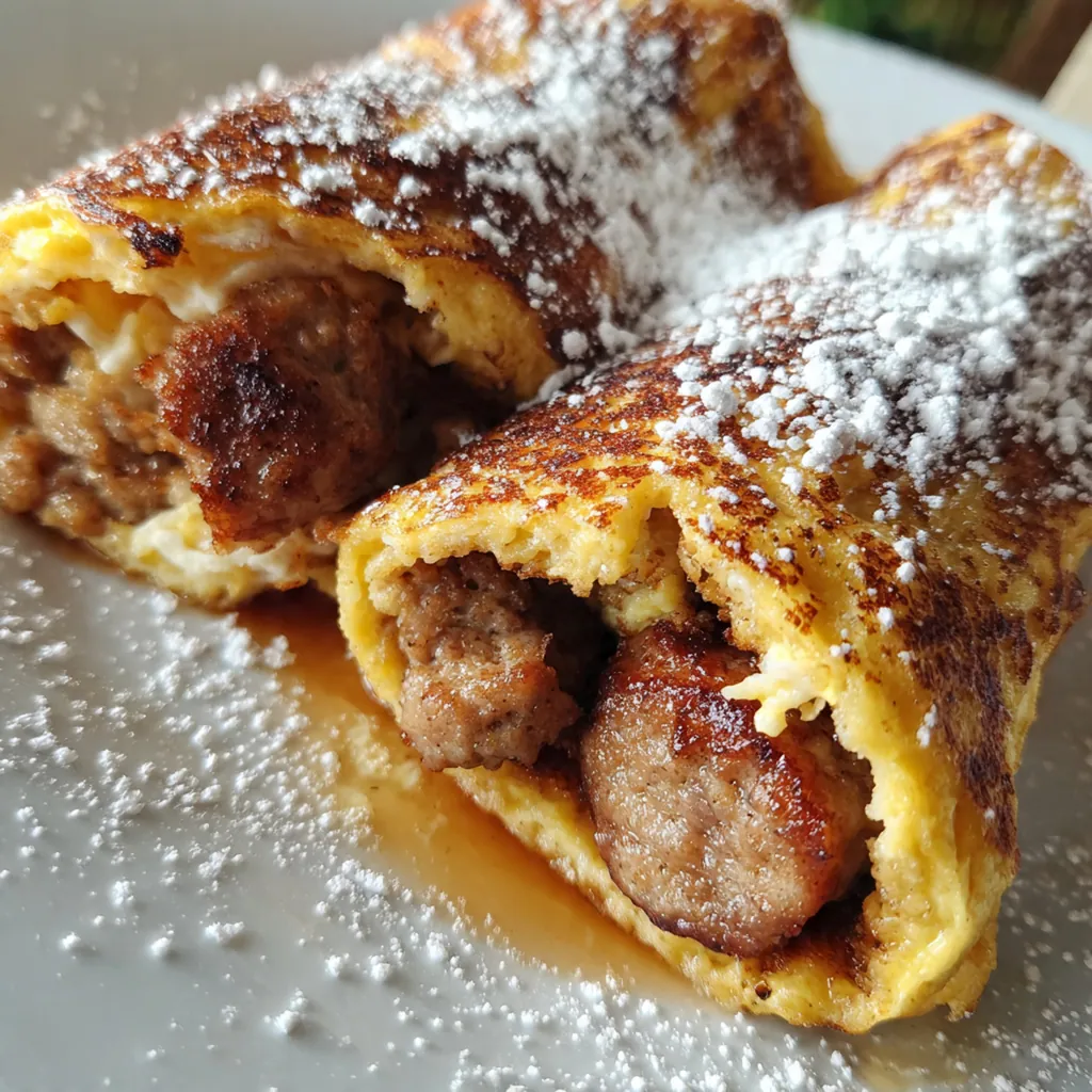 Close-up of a cut roll-up showing the juicy sausage inside the cinnamon-spiced French toast coating