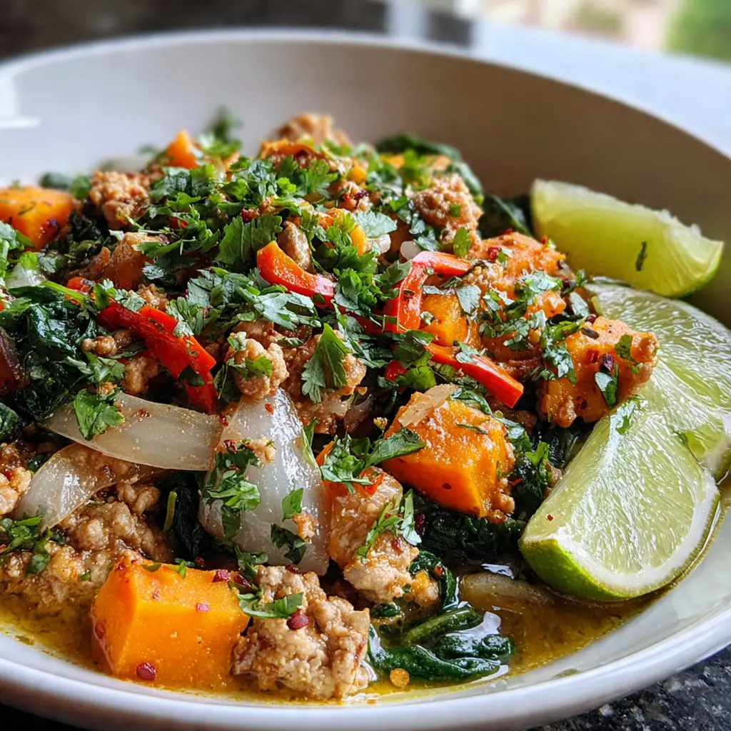 Close-up of a spoonful of the savory skillet with diced avocado and fresh cilantro on top