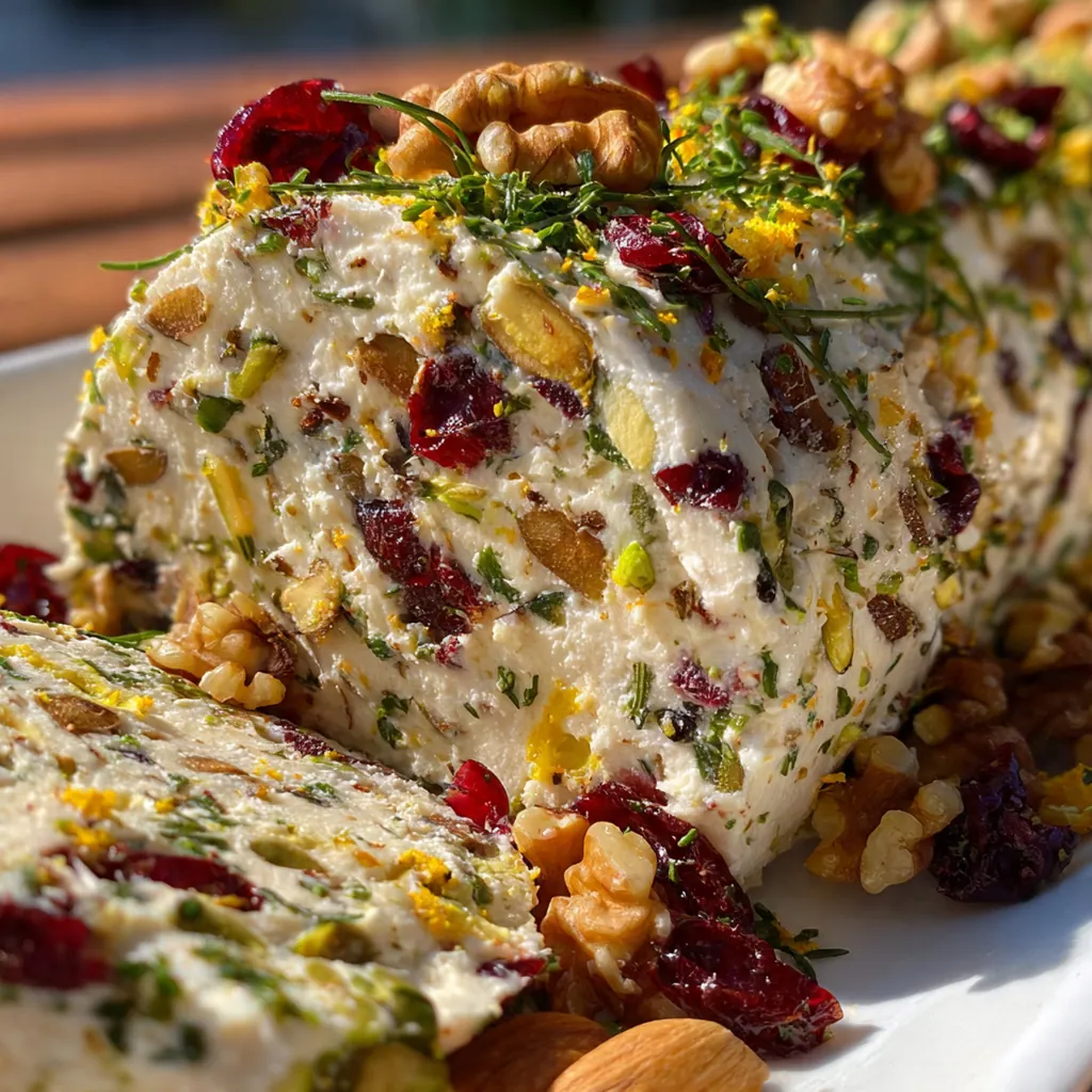 Close-up of creamy cheese log showing chopped cranberries and pistachios mixed throughout