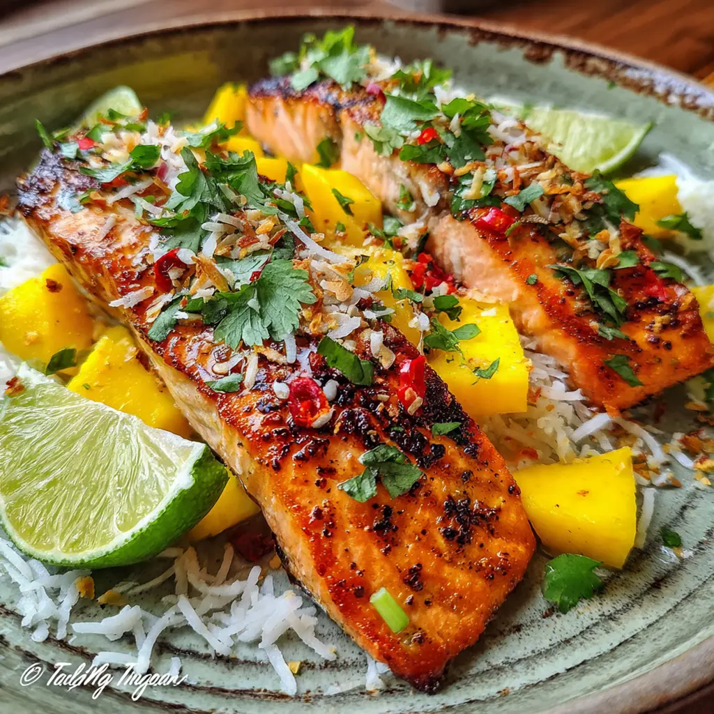 A beautiful plate of grilled salmon with mango coconut salsa garnished with toasted coconut and cilantro