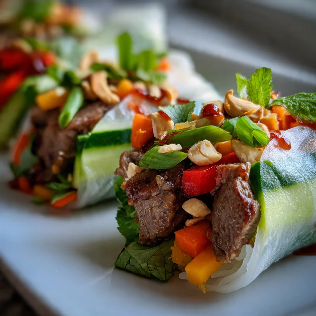 A platter of fresh rolls with crushed peanuts and cilantro garnish ready for dipping
