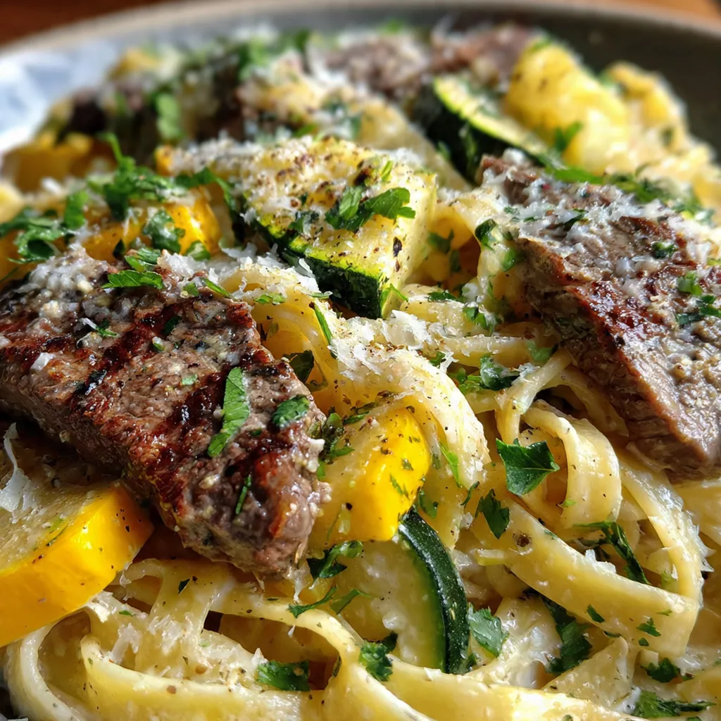Skillet with Alfredo sauce, pasta, and roasted squash ready to be tossed together